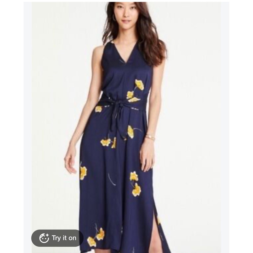 Ann Taylor Midi Dress Women 12P Navy Yellow Floral Tie Waist Sleeveless V-Neck